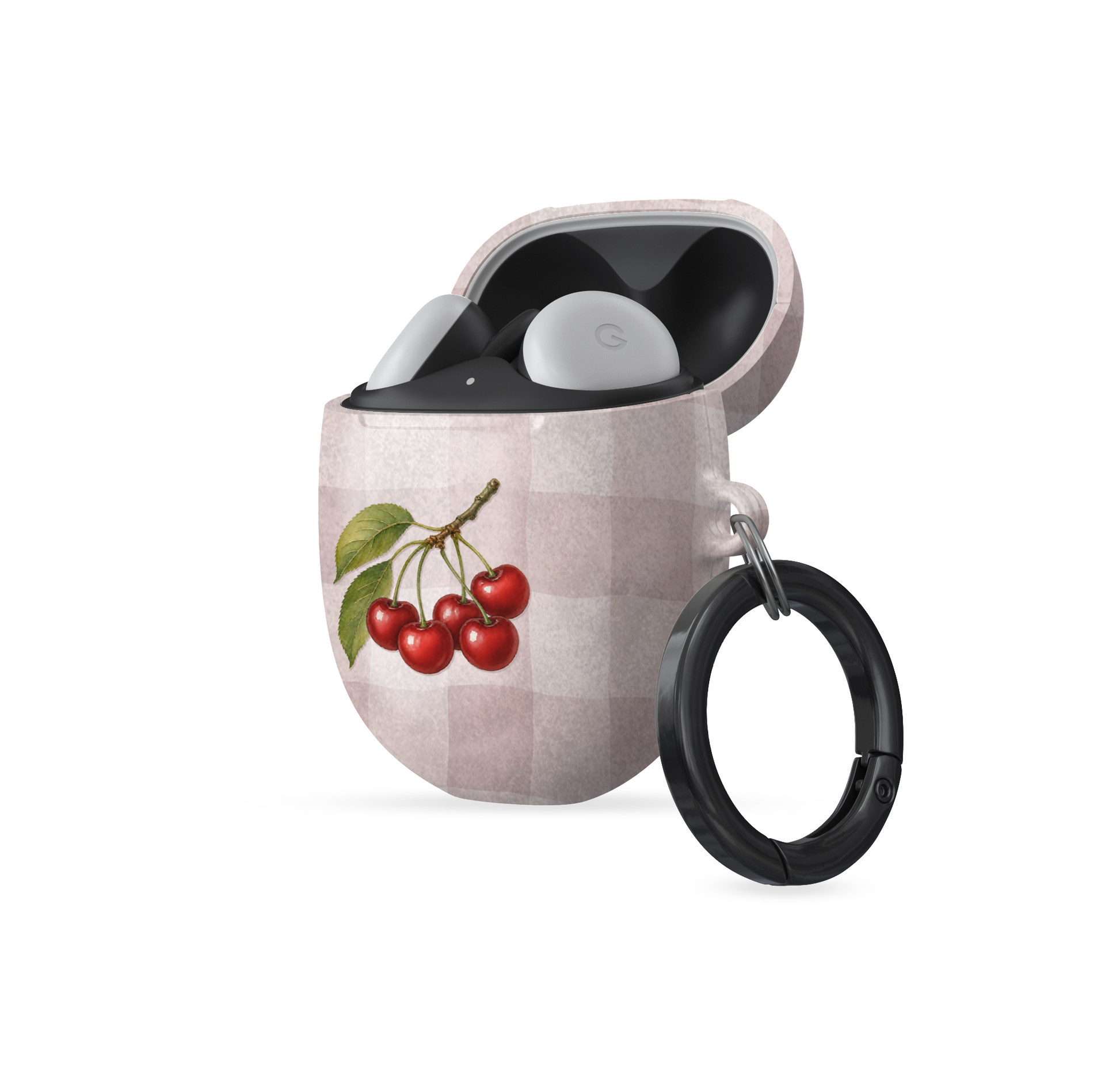 Ruby Bough Google Pixel Buds Case with watercolour fruiting cherry branch on dusty pink gingham
