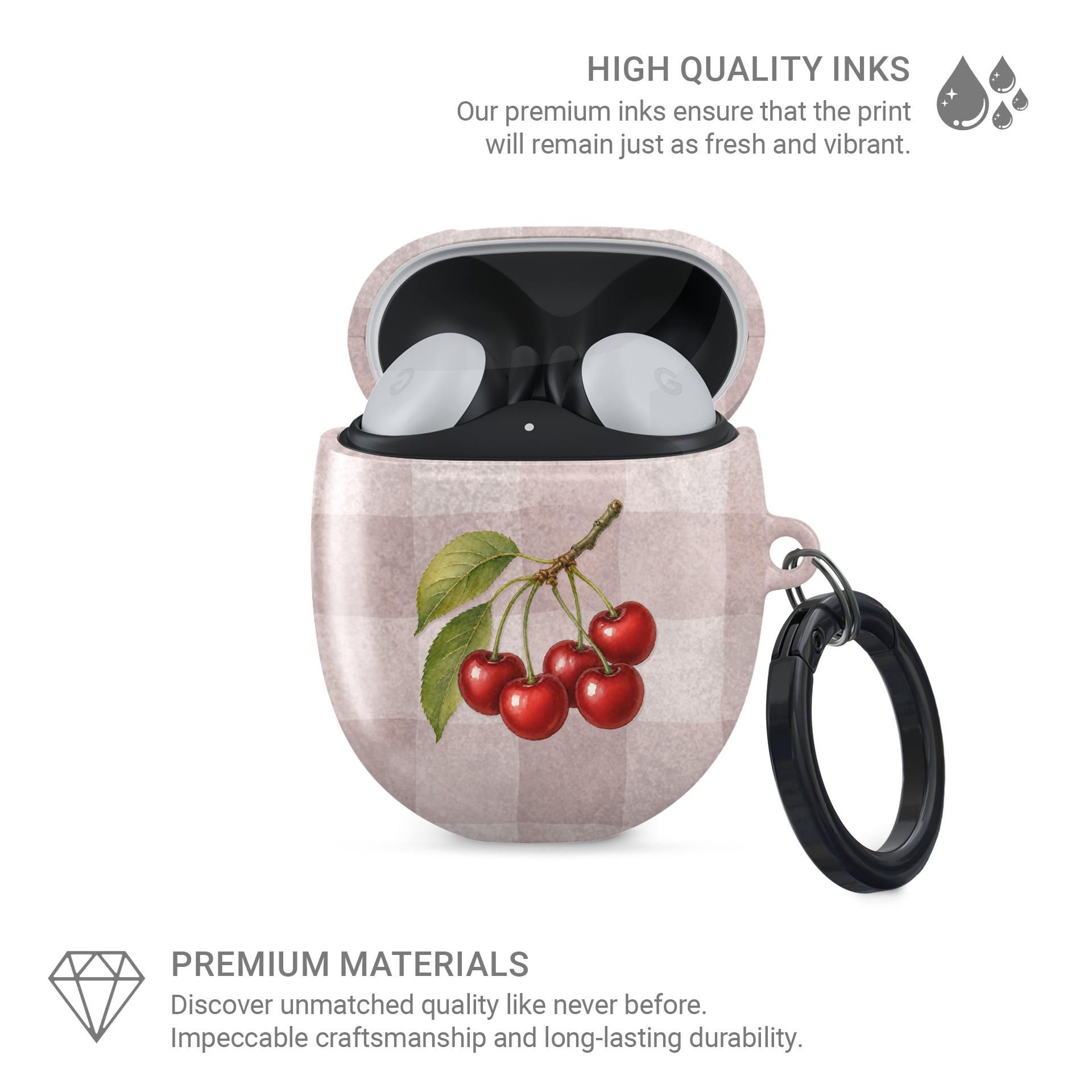 Ruby Bough Google Pixel Buds Case with watercolour fruiting cherry branch on dusty pink gingham

