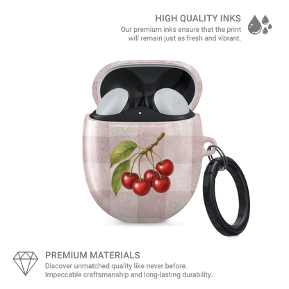 Ruby Bough Google Pixel Buds Case with watercolour fruiting cherry branch on dusty pink gingham
