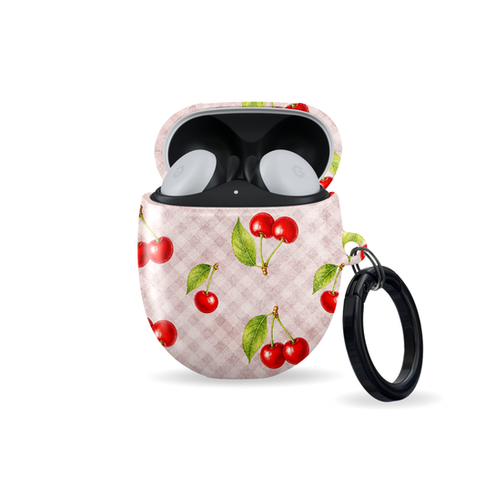 Cherry Jubilee Google Pixel Buds Case with scattered watercolour red cherries on soft pink gingham
