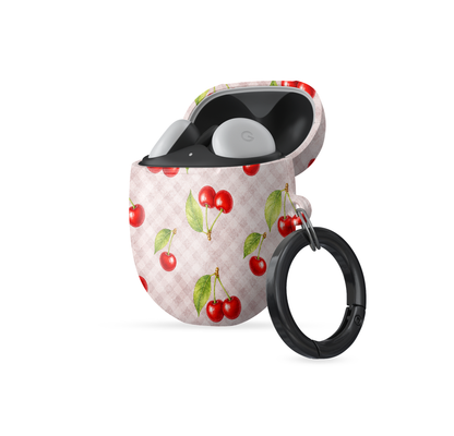 Cherry Jubilee Google Pixel Buds Case with scattered watercolour red cherries on soft pink gingham
