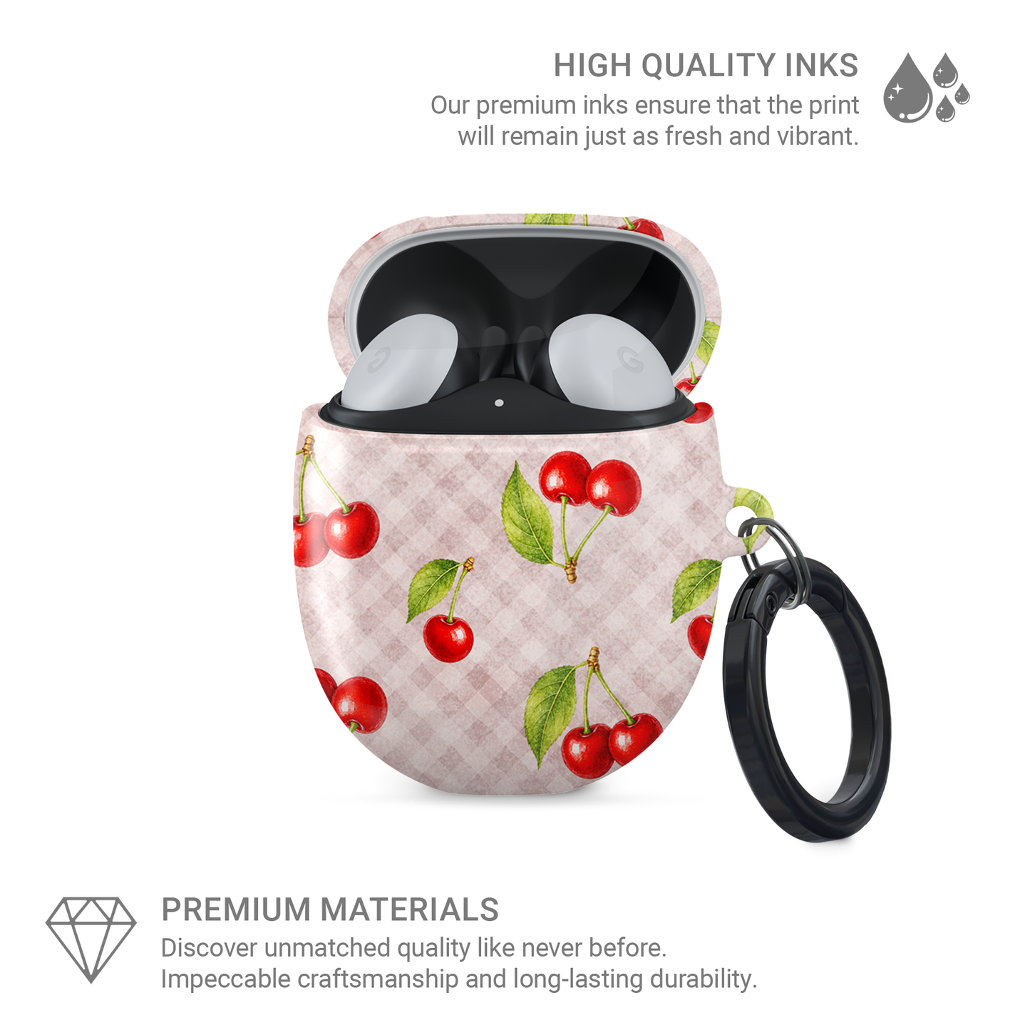 Cherry Jubilee Google Pixel Buds Case with scattered watercolour red cherries on soft pink gingham
