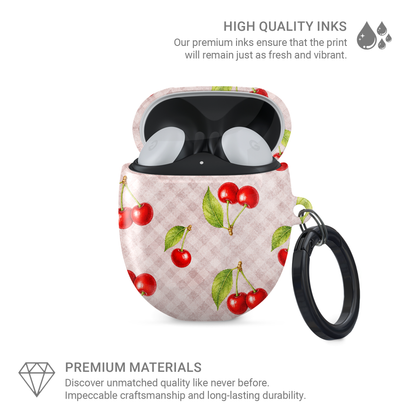 Cherry Jubilee Google Pixel Buds Case with scattered watercolour red cherries on soft pink gingham
