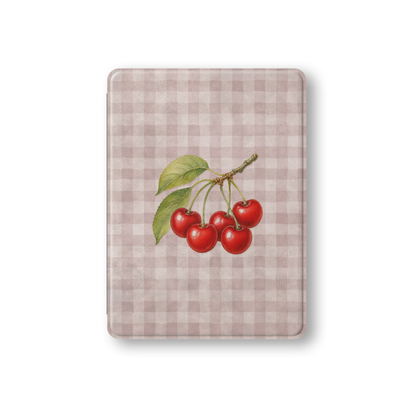 Ruby Bough iPad Folio Case with watercolour fruiting cherry branch on dusty pink gingham
