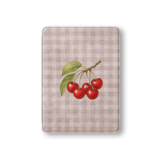 Ruby Bough iPad Folio Case with watercolour fruiting cherry branch on dusty pink gingham
