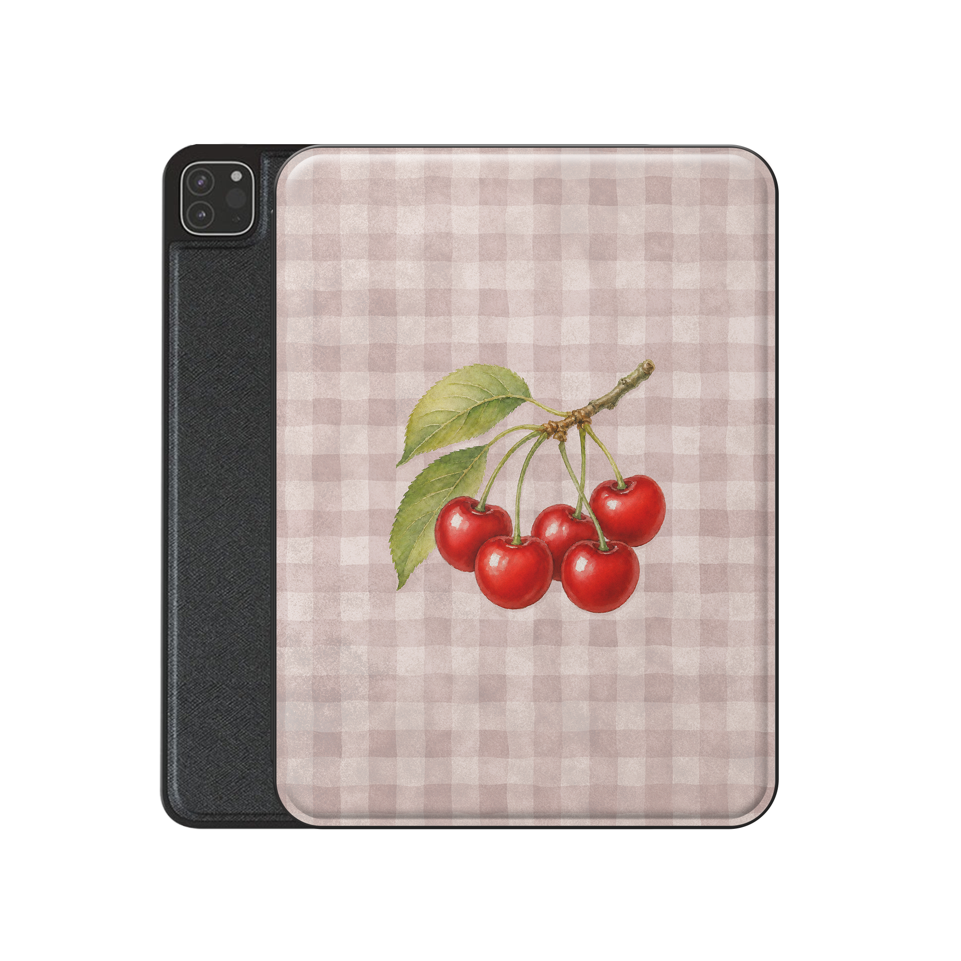 Ruby Bough iPad Folio Case with watercolour fruiting cherry branch on dusty pink gingham
