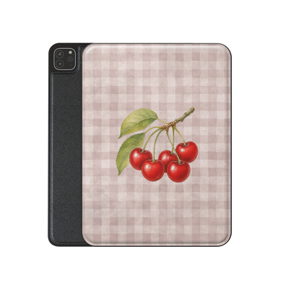 Ruby Bough iPad Folio Case with watercolour fruiting cherry branch on dusty pink gingham
