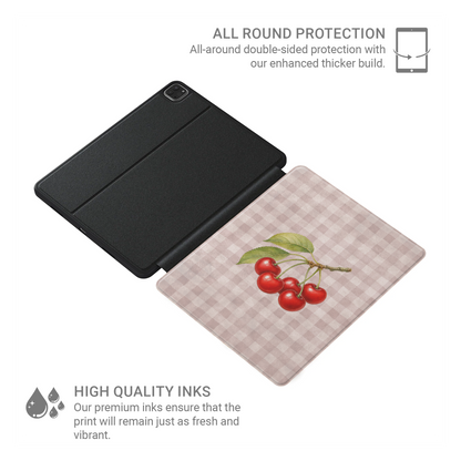 Ruby Bough iPad Folio Case with watercolour fruiting cherry branch on dusty pink gingham
