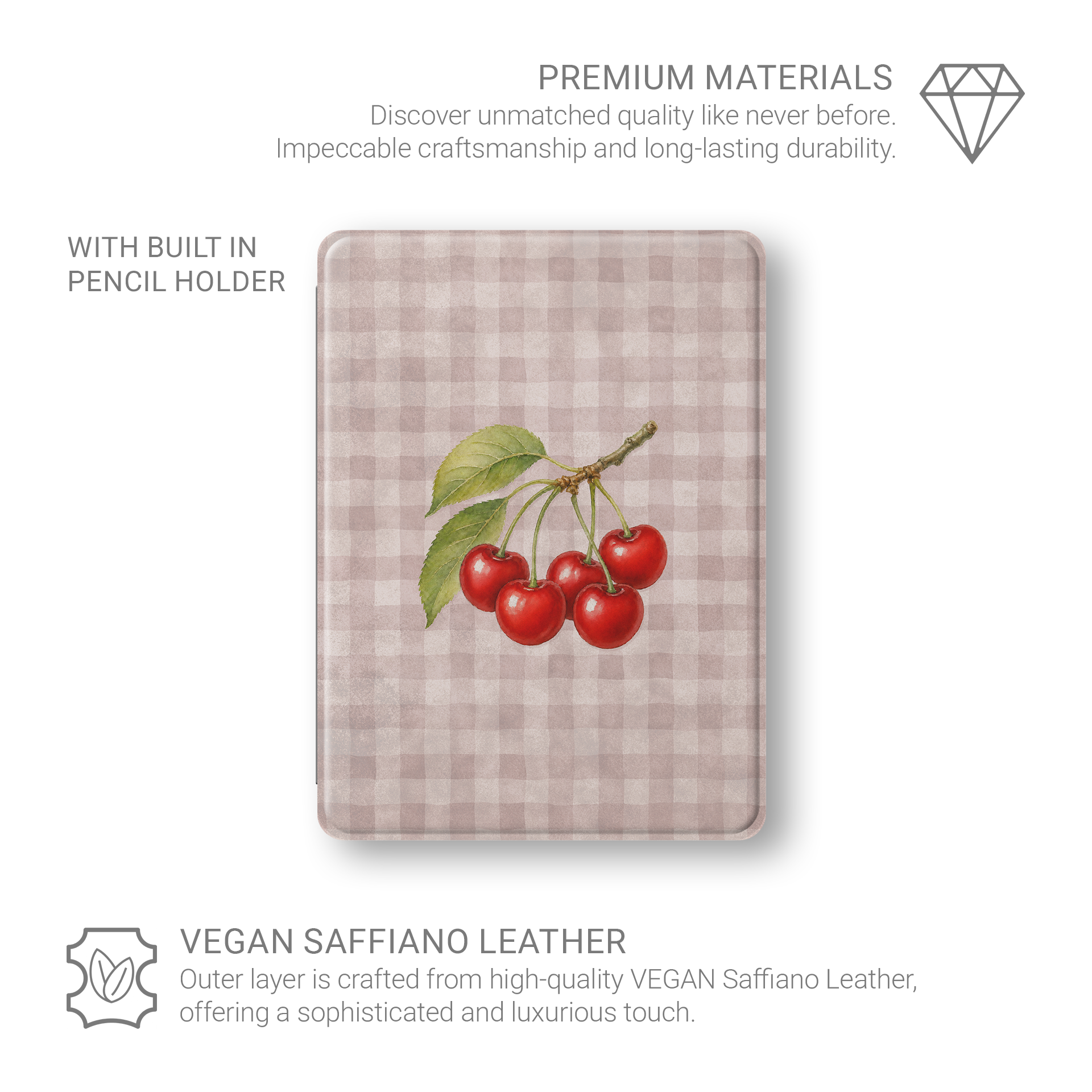 Ruby Bough iPad Folio Case with watercolour fruiting cherry branch on dusty pink gingham
