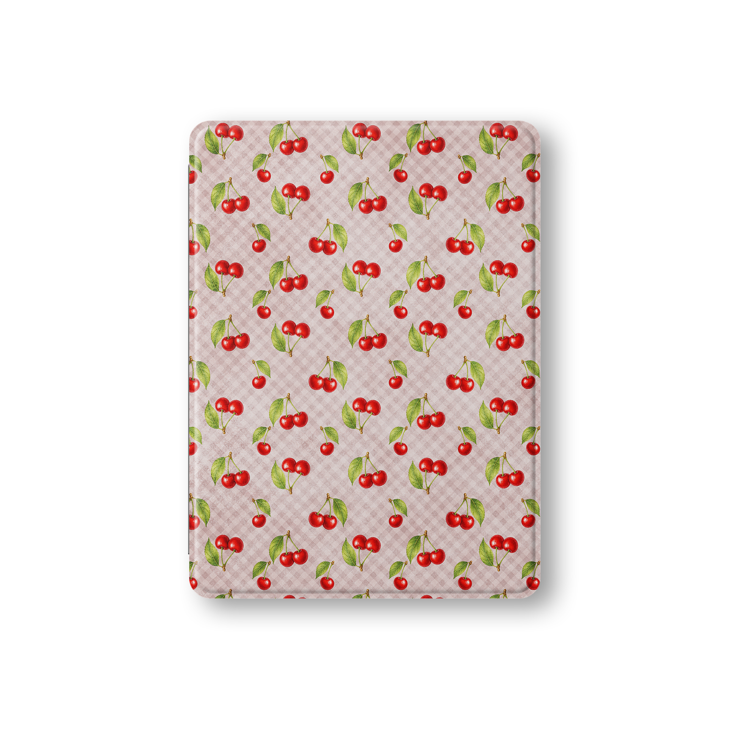 Cherry Jubilee iPad Folio Case with scattered watercolour red cherries on soft pink gingham
