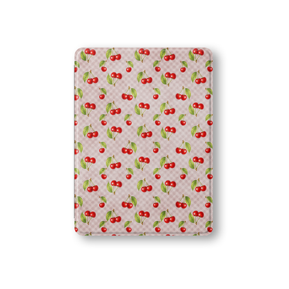 Cherry Jubilee iPad Folio Case with scattered watercolour red cherries on soft pink gingham
