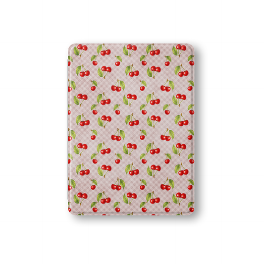 Cherry Jubilee iPad Folio Case with scattered watercolour red cherries on soft pink gingham
