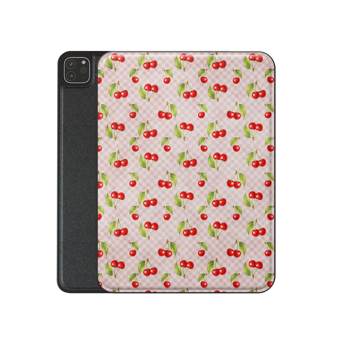 Cherry Jubilee iPad Folio Case with scattered watercolour red cherries on soft pink gingham
