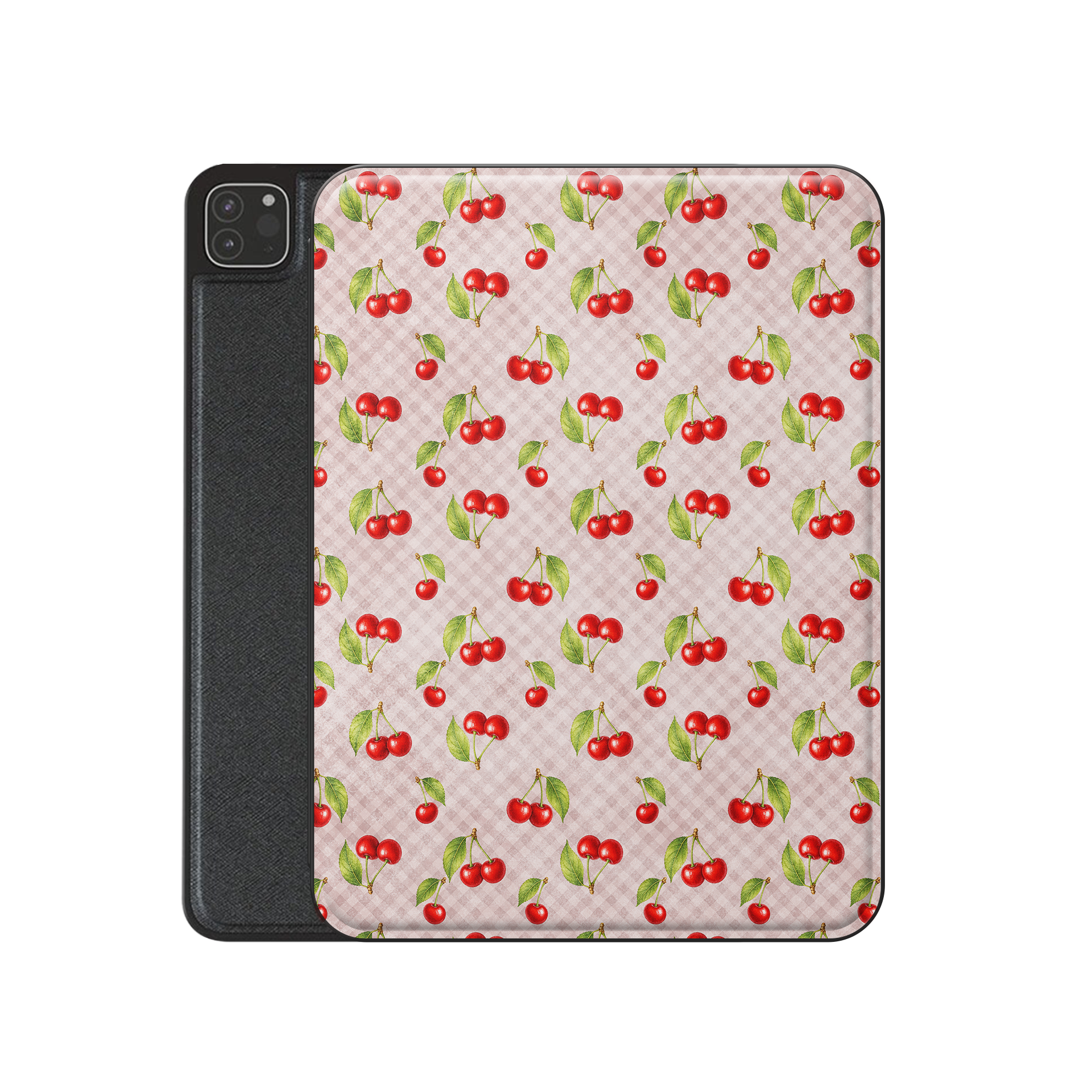 Cherry Jubilee iPad Folio Case with scattered watercolour red cherries on soft pink gingham
