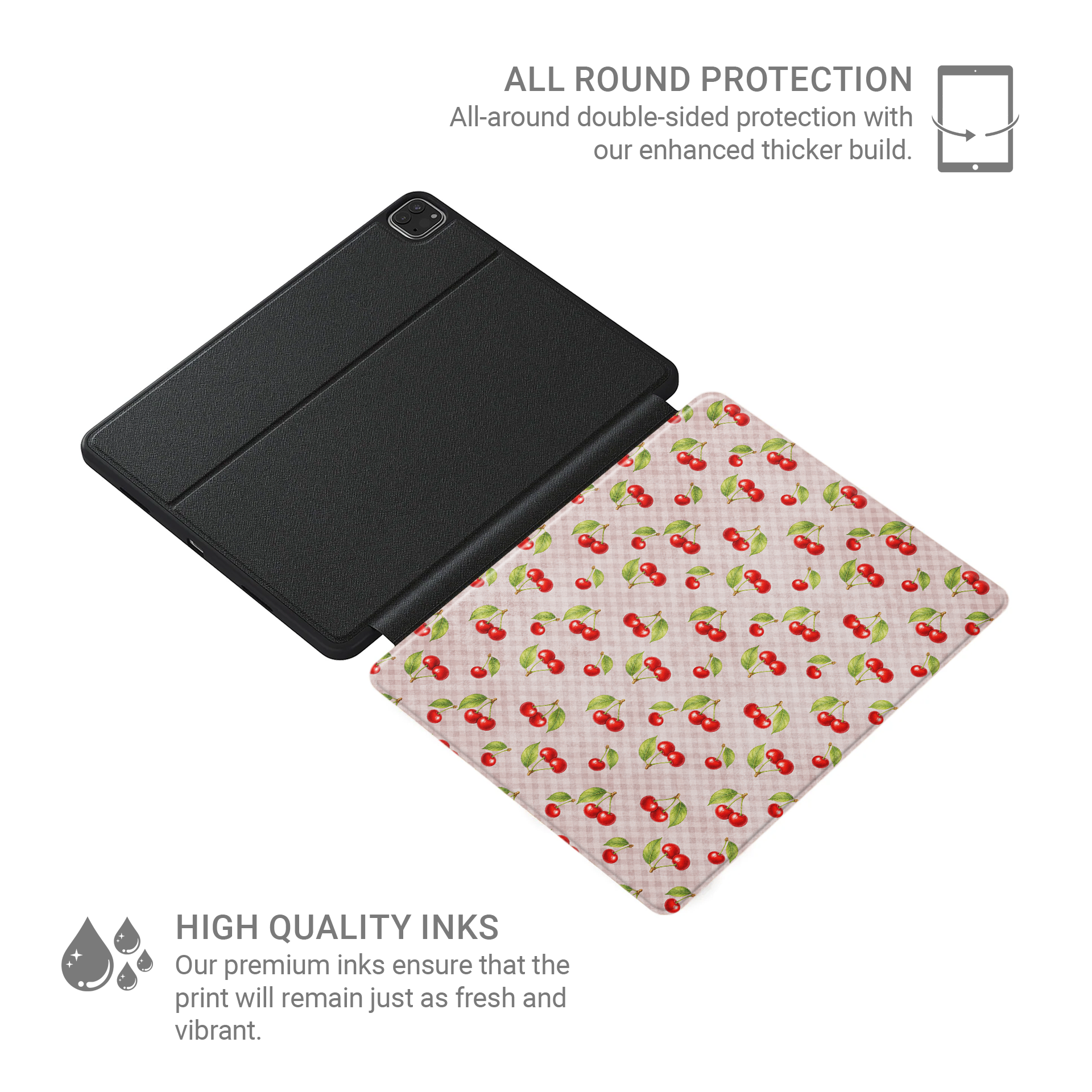 Cherry Jubilee iPad Folio Case with scattered watercolour red cherries on soft pink gingham
