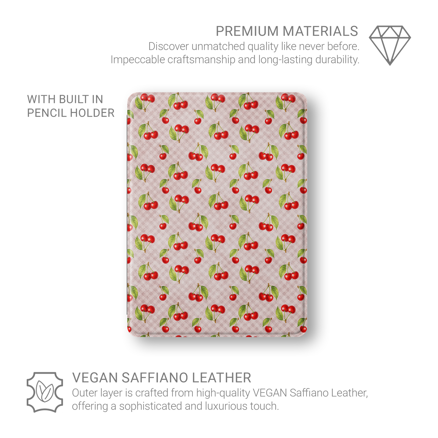 Cherry Jubilee iPad Folio Case with scattered watercolour red cherries on soft pink gingham
