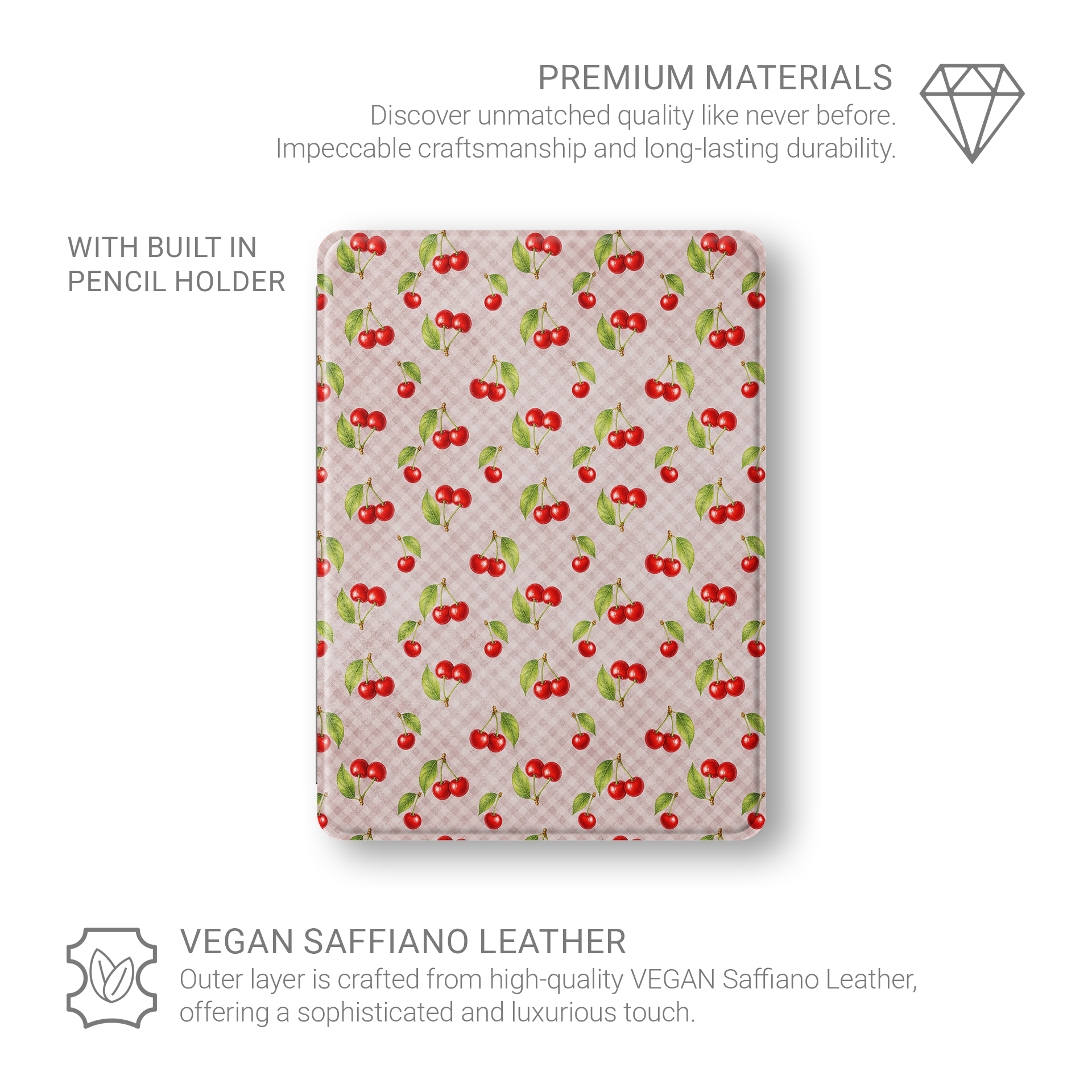 Cherry Jubilee iPad Folio Case with scattered watercolour red cherries on soft pink gingham
