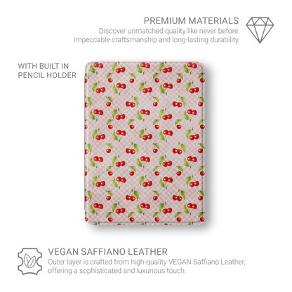 Cherry Jubilee iPad Folio Case with scattered watercolour red cherries on soft pink gingham
