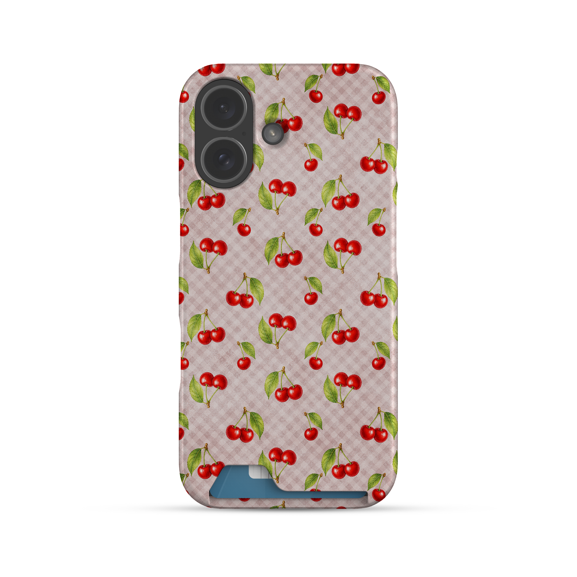 card phone case, card slot case, one card case, slim phone case, pink gingham case, cherry phone case, cherry gingham, cherry print case, pink cherry case, cute cherry case, fruit phone case, cherry jubilee, pink phone case
