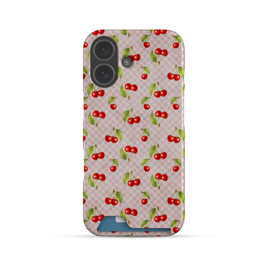 card phone case, card slot case, one card case, slim phone case, pink gingham case, cherry phone case, cherry gingham, cherry print case, pink cherry case, cute cherry case, fruit phone case, cherry jubilee, pink phone case
