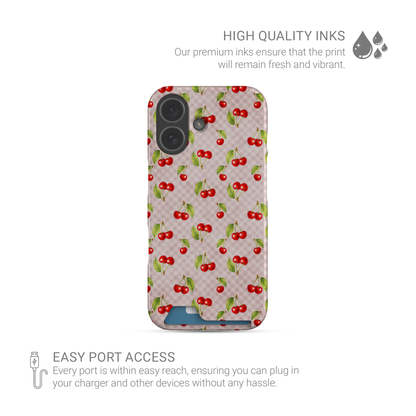 card phone case, card slot case, one card case, slim phone case, pink gingham case, cherry phone case, cherry gingham, cherry print case, pink cherry case, cute cherry case, fruit phone case, cherry jubilee, pink phone case
