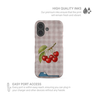 Ruby Bough Card Phone Case with watercolour fruiting cherry branch on dusty pink gingham
