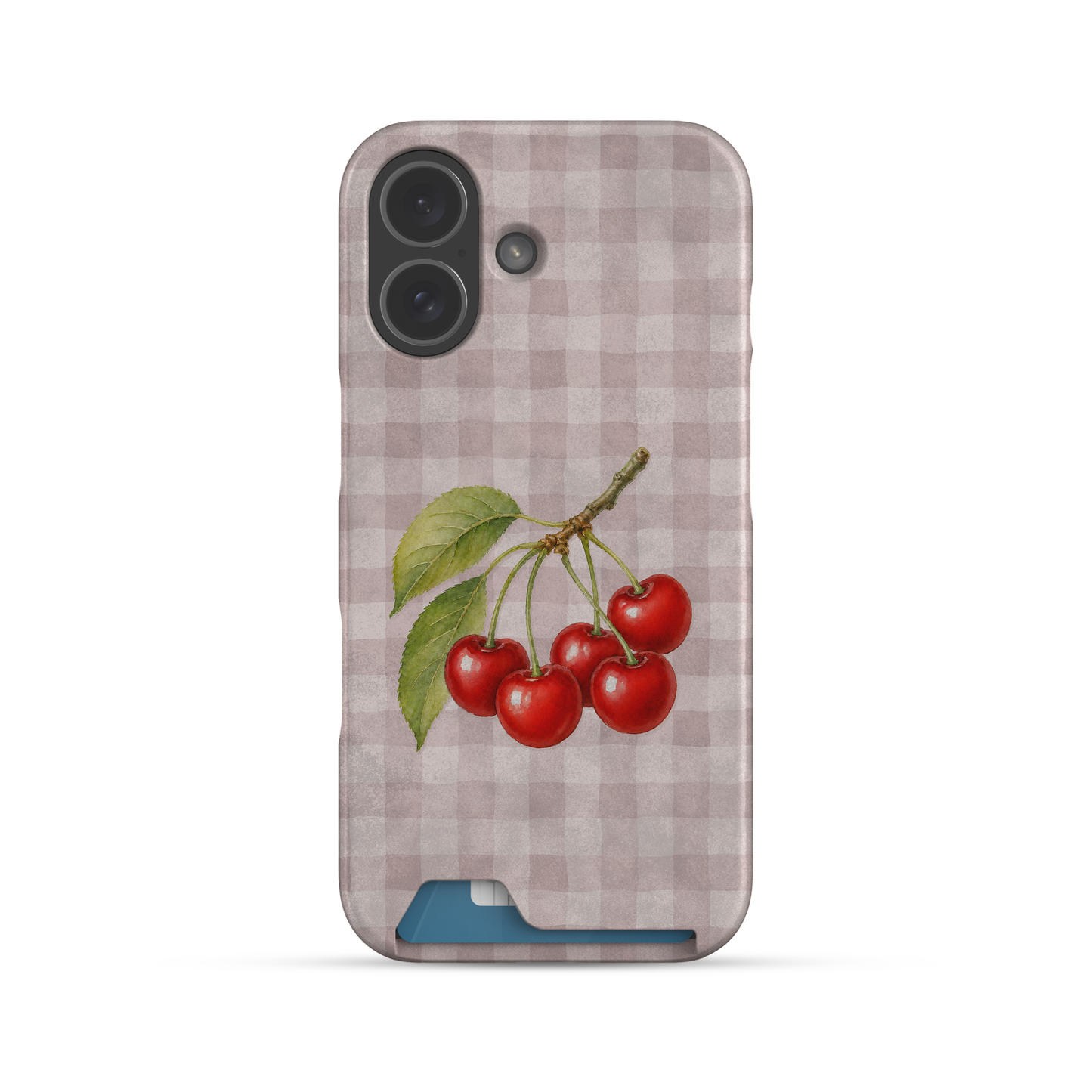 Ruby Bough Card Phone Case with watercolour fruiting cherry branch on dusty pink gingham

