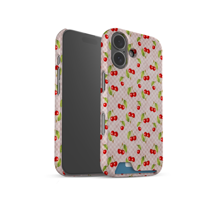 card phone case, card slot case, one card case, slim phone case, pink gingham case, cherry phone case, cherry gingham, cherry print case, pink cherry case, cute cherry case, fruit phone case, cherry jubilee, pink phone case
