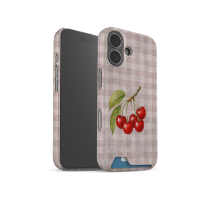 Ruby Bough Card Phone Case with watercolour fruiting cherry branch on dusty pink gingham
