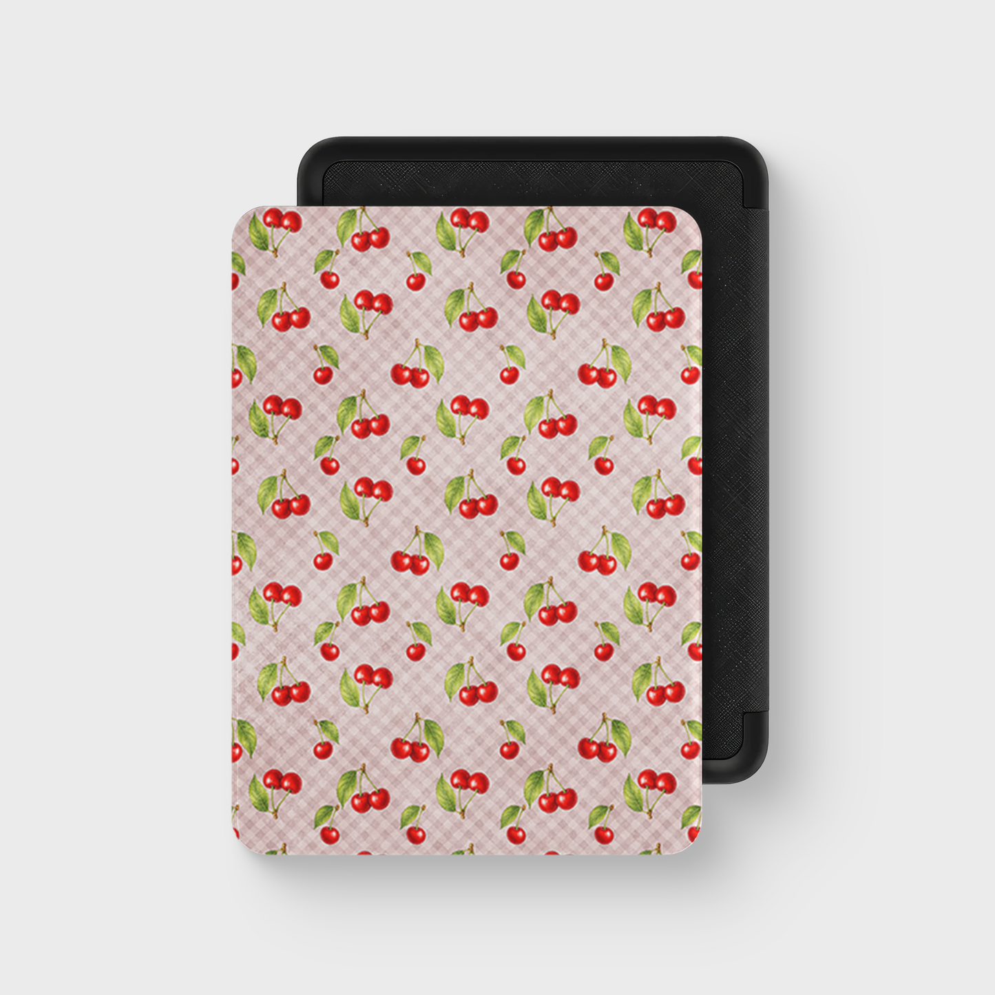 Cherry Jubilee Kindle Case with scattered watercolour red cherries on soft pink gingham
