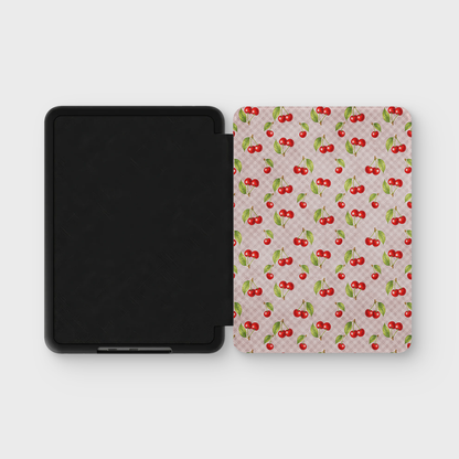 Cherry Jubilee Kindle Case with scattered watercolour red cherries on soft pink gingham
