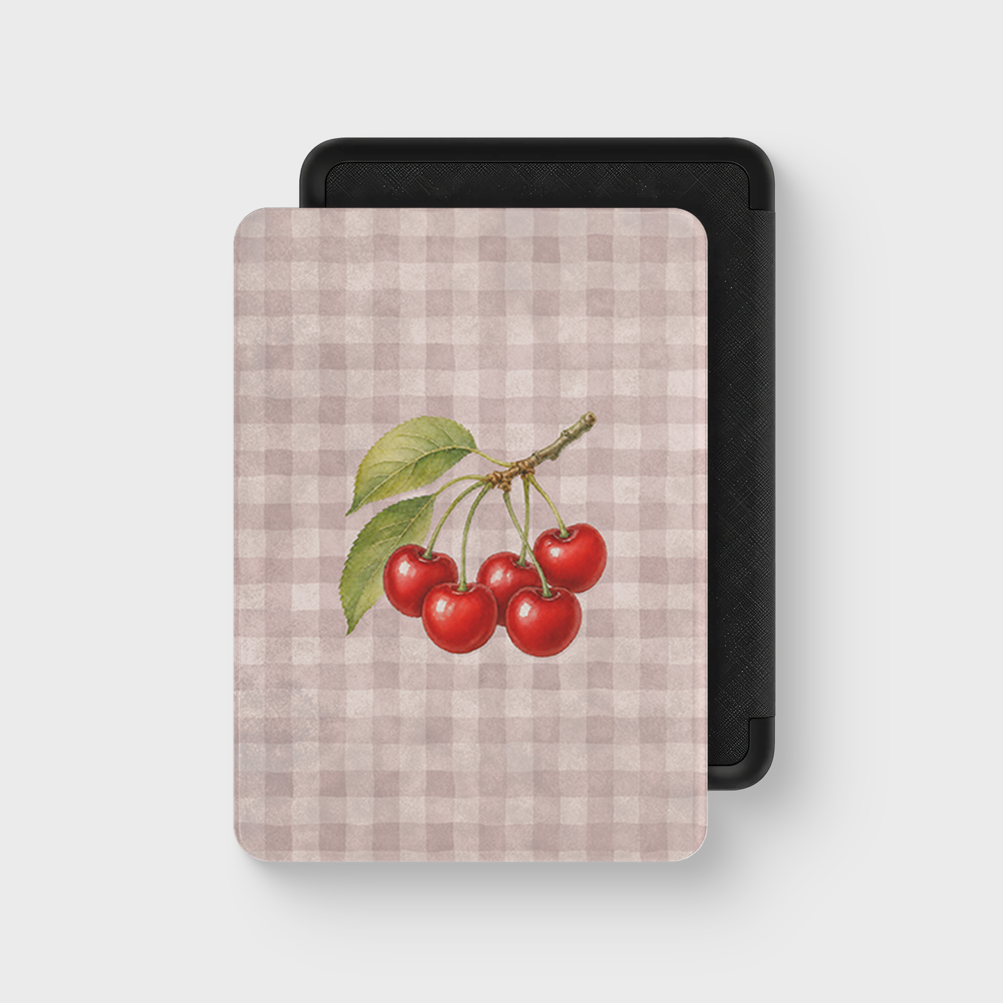 Ruby Bough Kindle Case with watercolour fruiting cherry branch on dusty pink gingham
