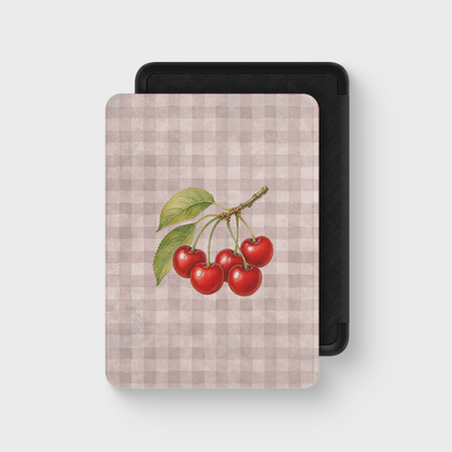 Ruby Bough Kindle Case with watercolour fruiting cherry branch on dusty pink gingham
