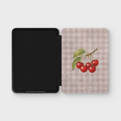 Ruby Bough Kindle Case with watercolour fruiting cherry branch on dusty pink gingham
