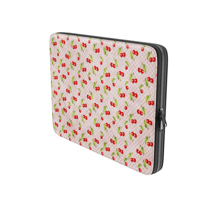 Cherry Jubilee Laptop Sleeve with scattered watercolour red cherries on soft pink gingham
