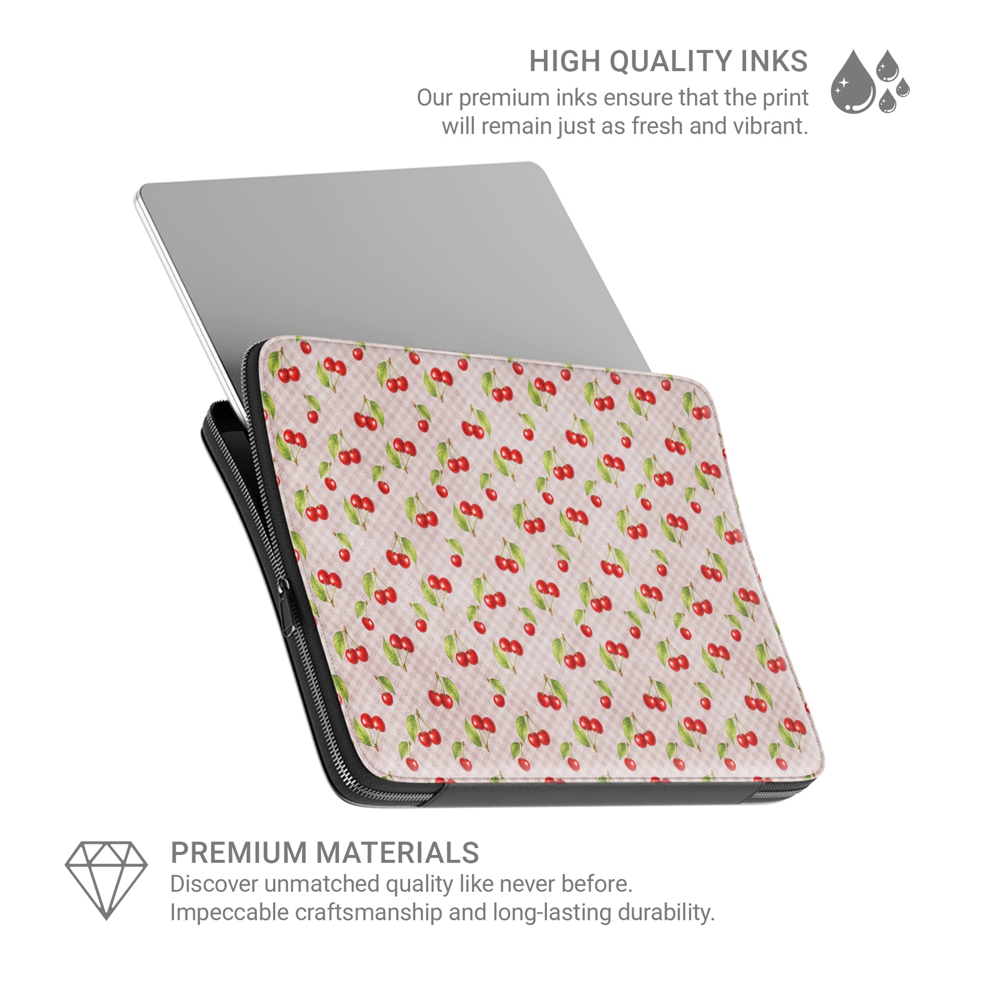 Cherry Jubilee Laptop Sleeve with scattered watercolour red cherries on soft pink gingham
