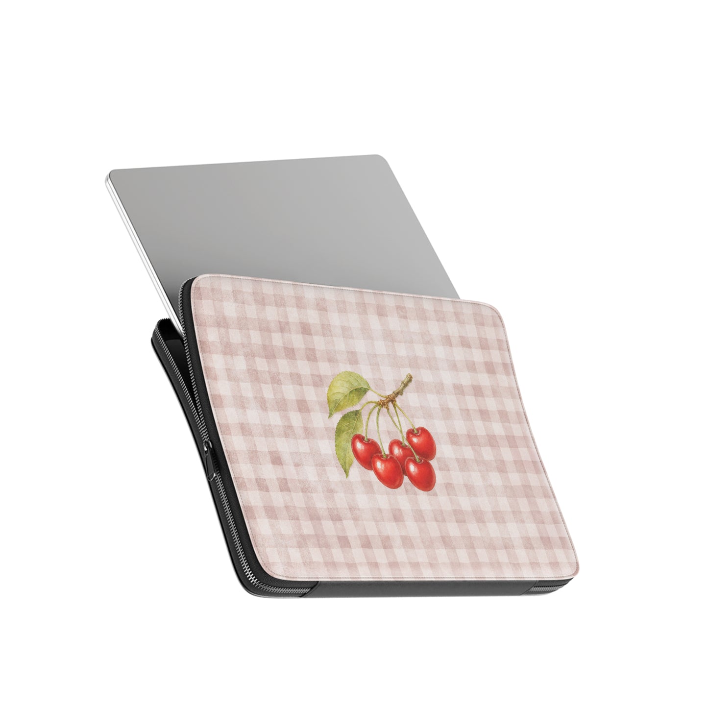 Ruby Bough Laptop Sleeve with watercolour fruiting cherry branch on dusty pink gingham
