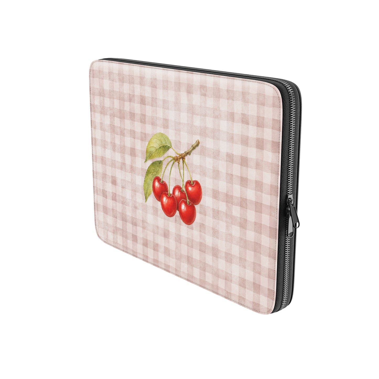 Ruby Bough Laptop Sleeve with watercolour fruiting cherry branch on dusty pink gingham
