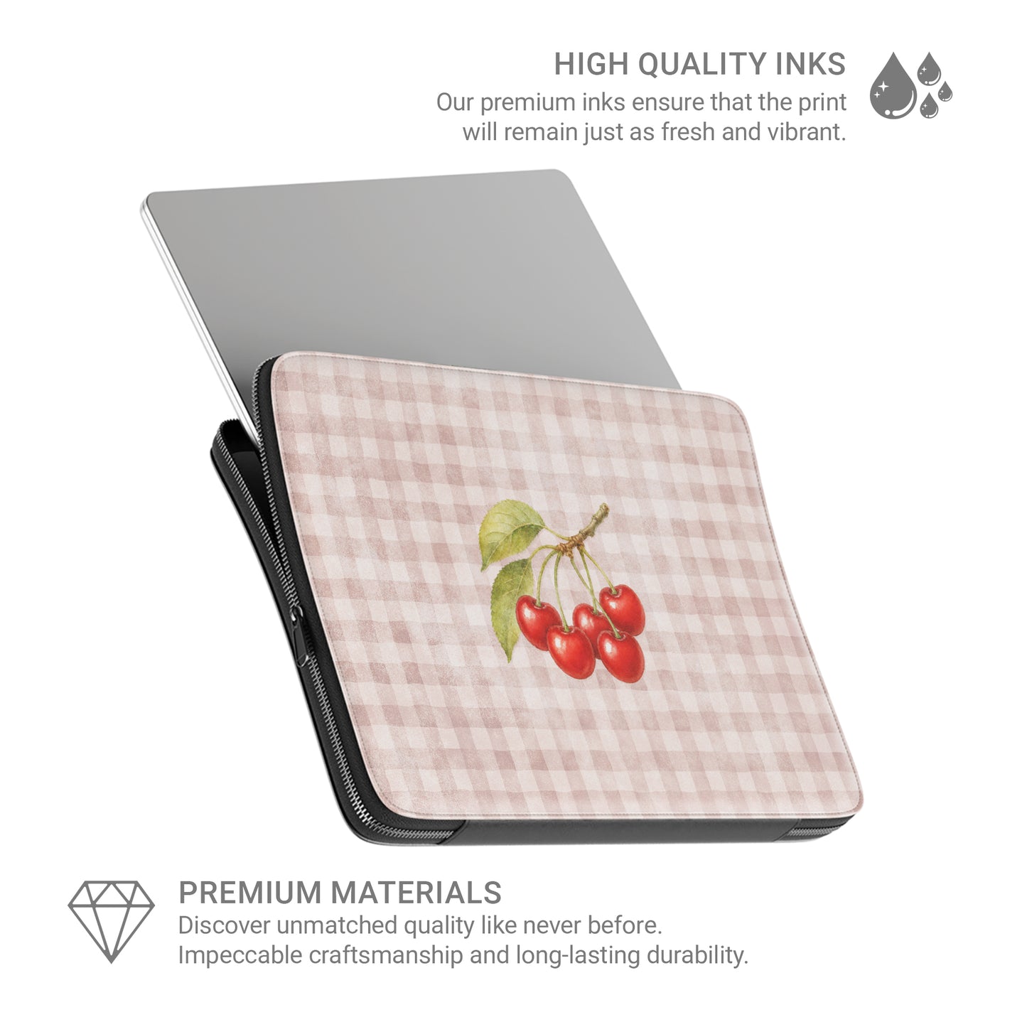 Ruby Bough Laptop Sleeve with watercolour fruiting cherry branch on dusty pink gingham
