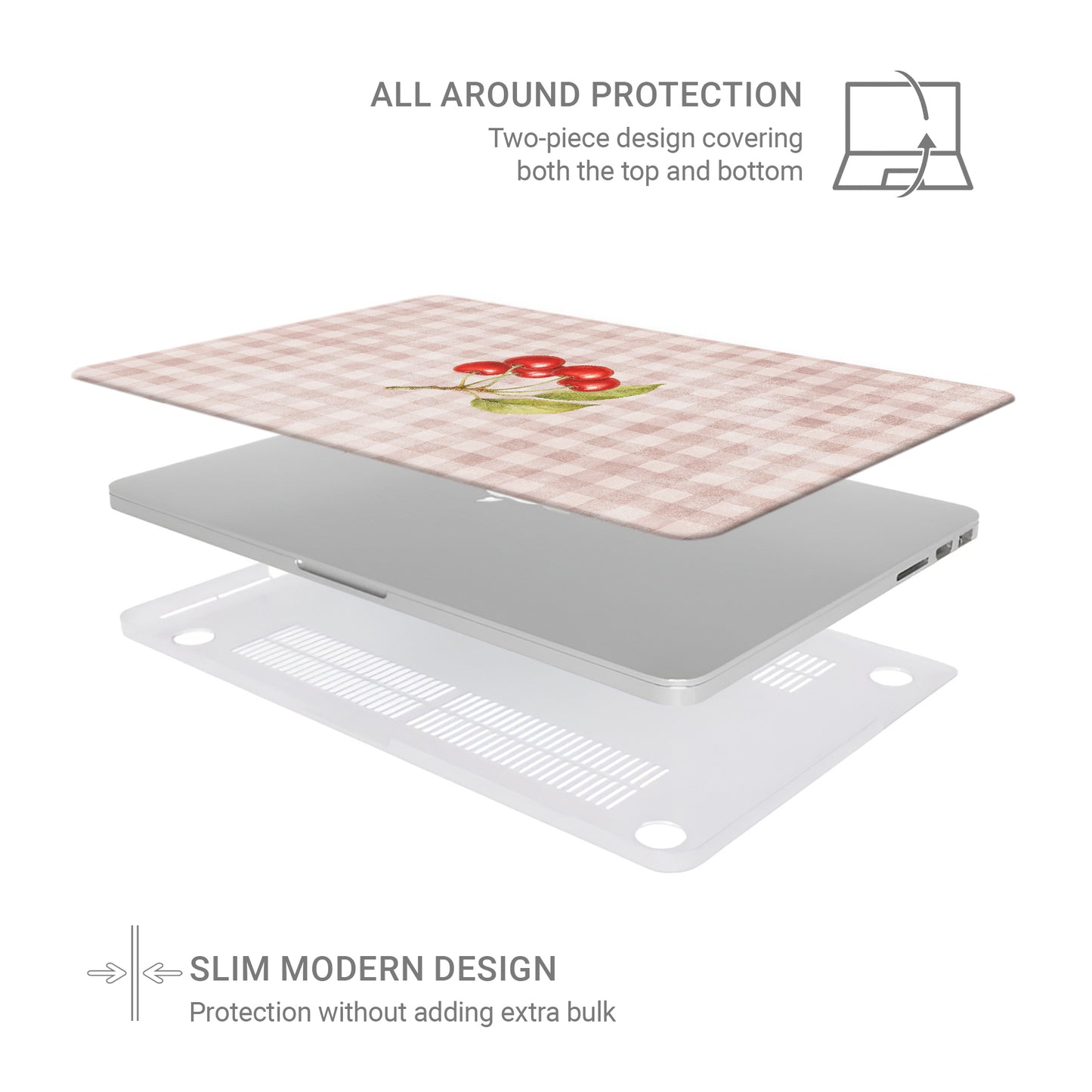 Ruby Bough MacBook Case with watercolour fruiting cherry branch on dusty pink gingham
