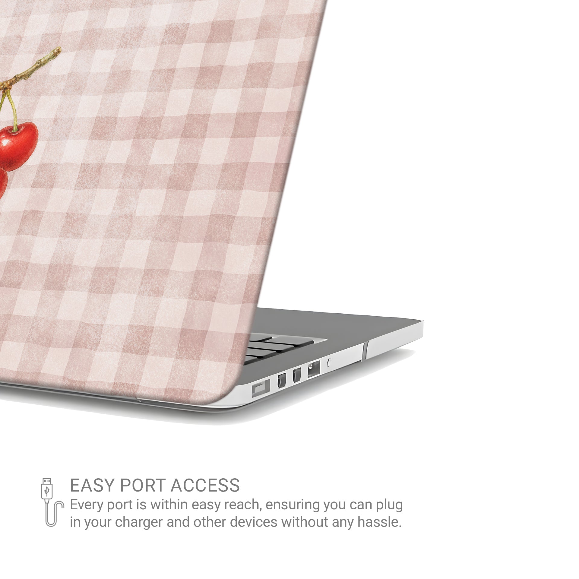 Ruby Bough MacBook Case with watercolour fruiting cherry branch on dusty pink gingham
