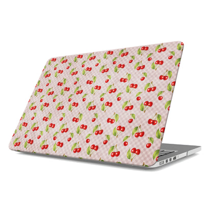Cherry Jubilee MacBook Case with scattered watercolour red cherries on soft pink gingham
