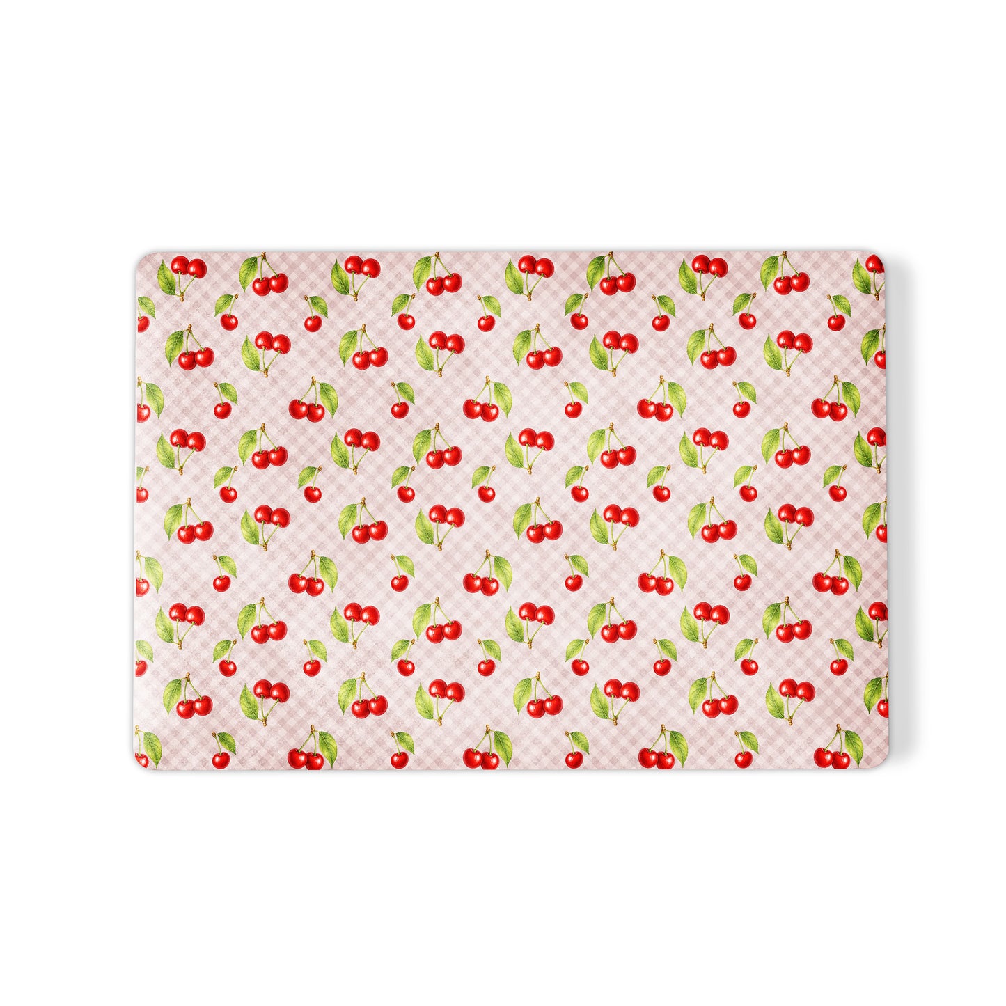 Cherry Jubilee MacBook Case with scattered watercolour red cherries on soft pink gingham
