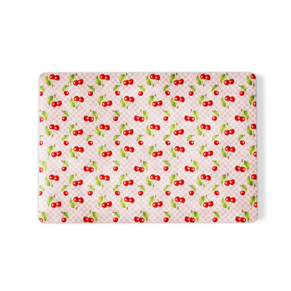 Cherry Jubilee MacBook Case with scattered watercolour red cherries on soft pink gingham
