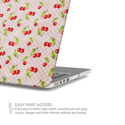 Cherry Jubilee MacBook Case with scattered watercolour red cherries on soft pink gingham
