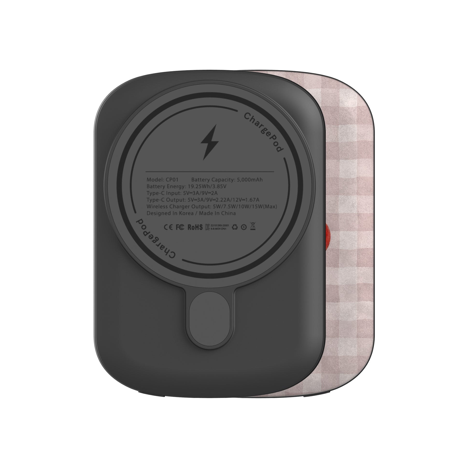 Ruby Bough 5000mAh Magnetic Power Bank with watercolour fruiting cherry branch on dusty pink gingham
