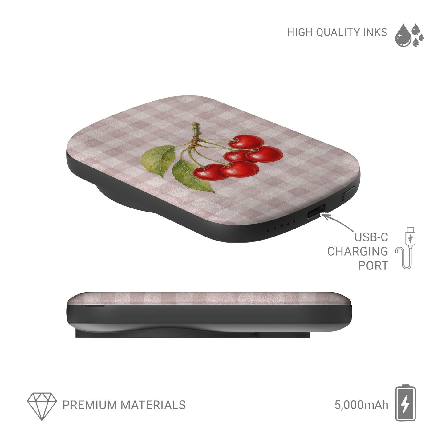 Ruby Bough 5000mAh Magnetic Power Bank with watercolour fruiting cherry branch on dusty pink gingham
