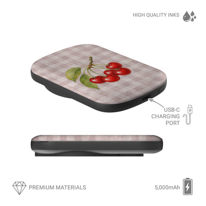 Ruby Bough 5000mAh Magnetic Power Bank with watercolour fruiting cherry branch on dusty pink gingham
