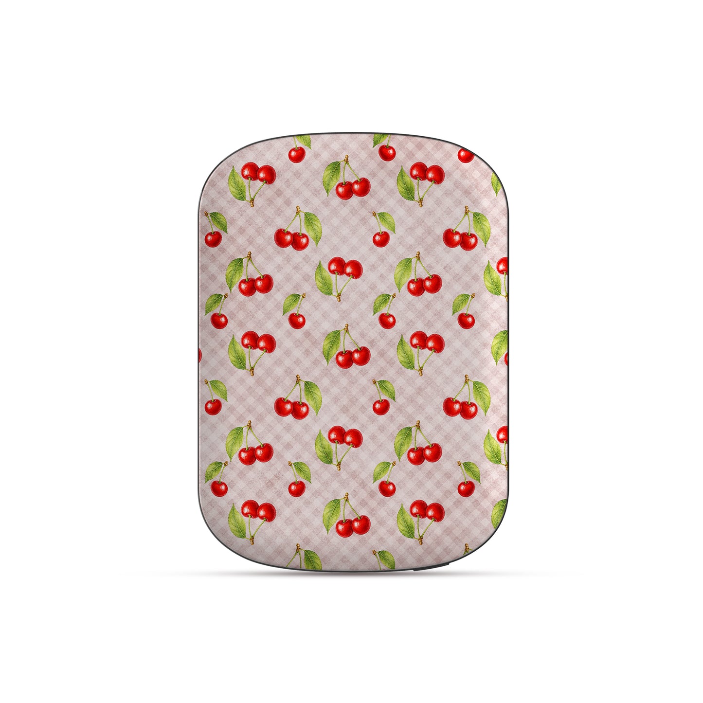 Cherry Jubilee 5000mAh Magnetic Power Bank with scattered watercolour red cherries on soft pink gingham

