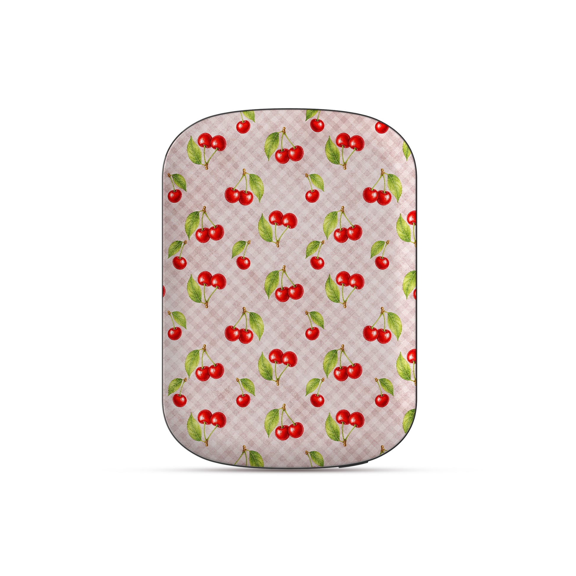 Cherry Jubilee 5000mAh Magnetic Power Bank with scattered watercolour red cherries on soft pink gingham
